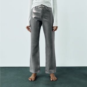 Zara MID-RISE STRAIGHT LEG SILVER FOIL JEANS Sz 4